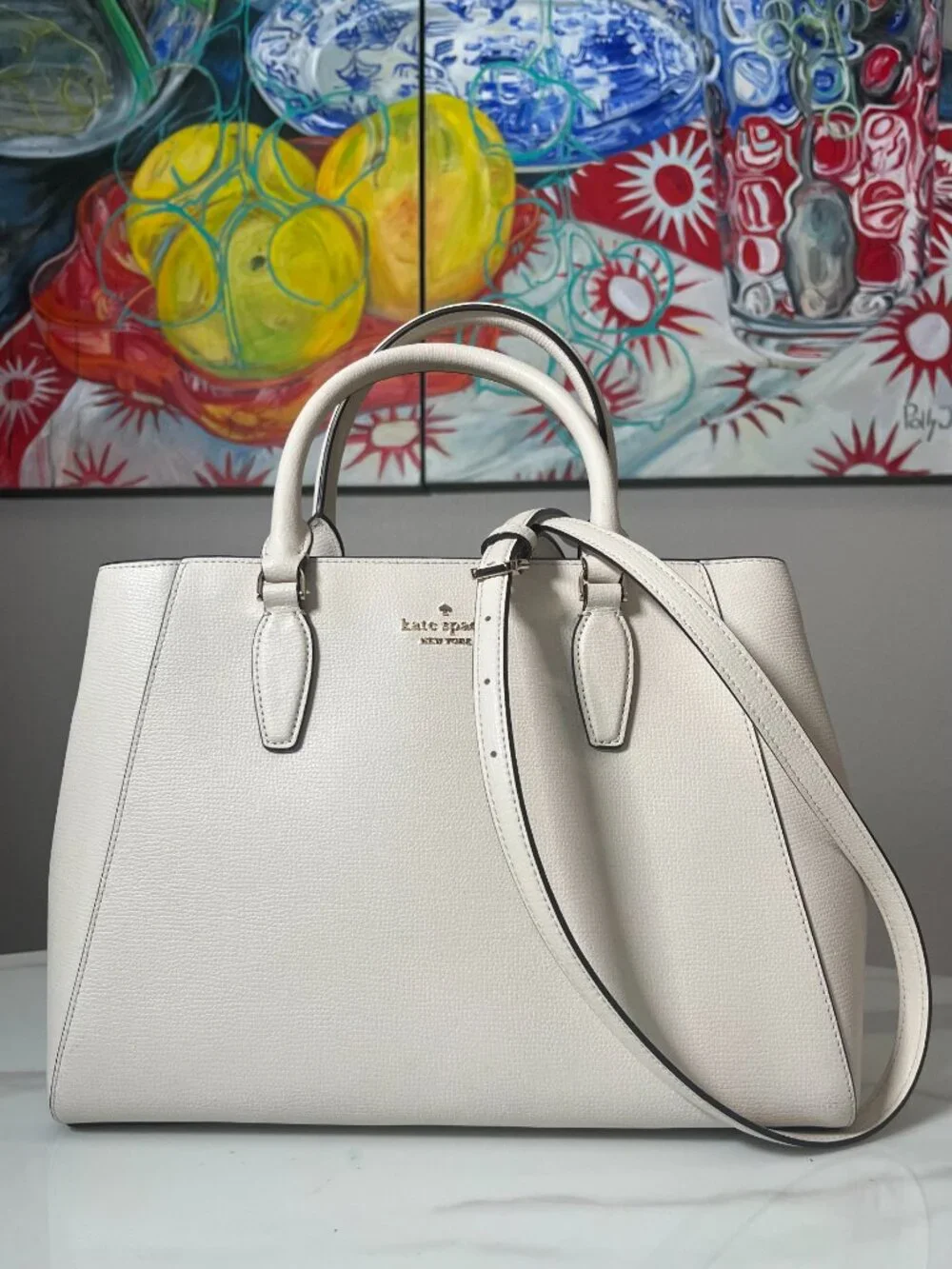 Kate Spade New York Kristi Large Pebbled Leather Satchel Parchment NWOT